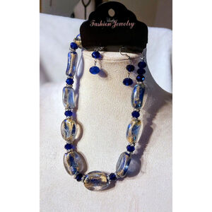 Blue Gold Beaded Necklace and earring set